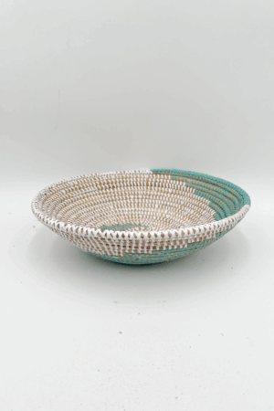 Handwoven African Tabletop Bowl 4x12 Green and white bowl basket