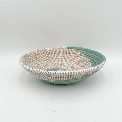 Handwoven African Tabletop Bowl 4x12 Green and white bowl basket