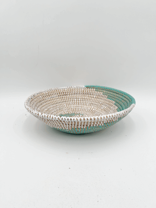 Handwoven African Tabletop Bowl 4x12 Green and white bowl basket