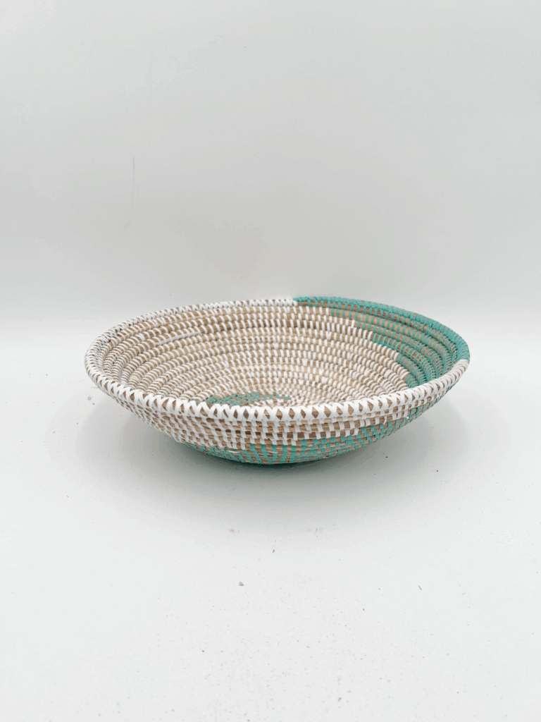Handwoven African Tabletop Bowl 4x12 Green and white bowl basket