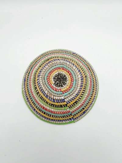 Handwoven African Tabletop Bowl 4x12 - White+Green+Dark Blue+Yellow+Black+Teal+Red Stripes - Image 3