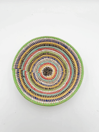 Handwoven African Tabletop Bowl 4x12 - White+Green+Dark Blue+Yellow+Black+Teal+Red Stripes - Image 2