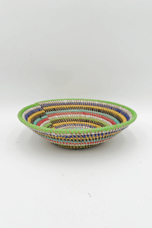 Handwoven African Tabletop Bowl 4x12 - White+Green+Dark Blue+Yellow+Black+Teal+Red Stripes