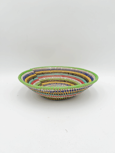 Handwoven African Tabletop Bowl 4x12 - White+Green+Dark Blue+Yellow+Black+Teal+Red Stripes