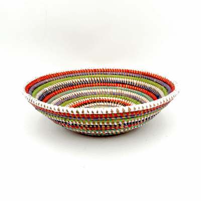 Handwoven African Tabletop Bowl - 4x12 Blue/White/Orange/Green/Black/Yellow Stripes