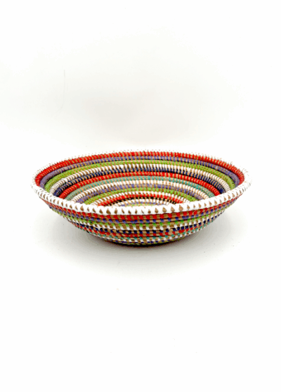 Handwoven African Tabletop Bowl - 4x12 Blue/White/Orange/Green/Black/Yellow Stripes