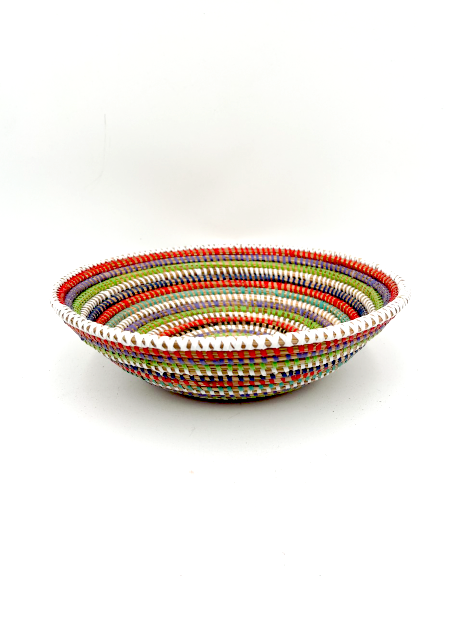 Handwoven African Tabletop Bowl - 4x12 Blue/White/Orange/Green/Black/Yellow Stripes