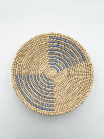 Handwoven African Tabletop Bowl 4x12 -  Light Blue + Beige Half Stripes - Image 2