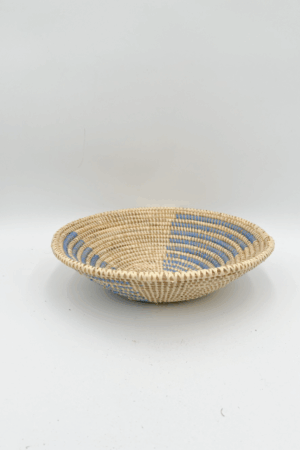 Handwoven African Tabletop Bowl 4x12 -  Light Blue + Beige Half Stripes