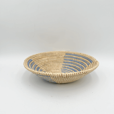 Handwoven African Tabletop Bowl 4x12 -  Light Blue + Beige Half Stripes