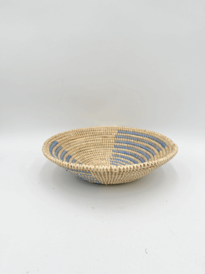 Handwoven African Tabletop Bowl 4x12 -  Light Blue + Beige Half Stripes