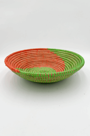 Handwoven African Tabletop Bowl 4x12 - Orange Green Spiral