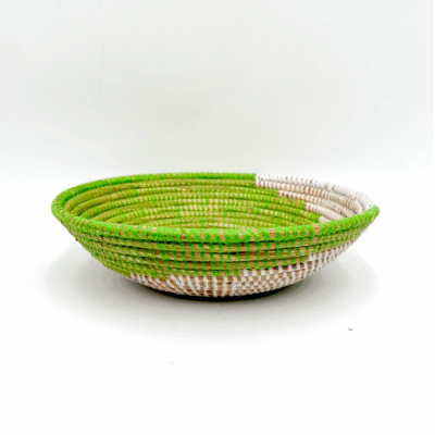 Handwoven African Tabletop Bowl - 4x12 Olive Green/White Spiral