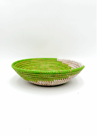 Handwoven African Tabletop Bowl - 4x12 Olive Green/White Spiral