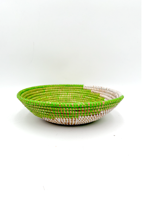 Handwoven African Tabletop Bowl - 4x12 Olive Green/White Spiral