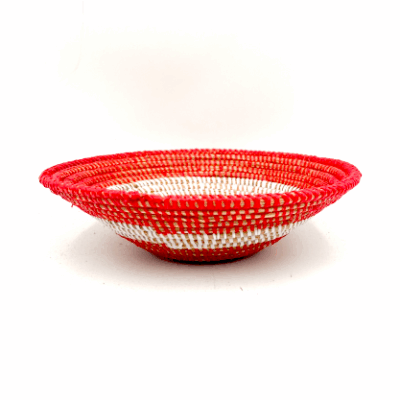 Handwoven African Tabletop Bowl - 4x12 Red/White Half Stripes