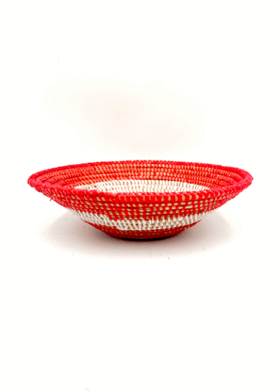Handwoven African Tabletop Bowl - 4x12 Red/White Half Stripes