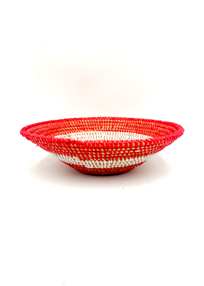 Handwoven African Tabletop Bowl - 4x12 Red/White Half Stripes